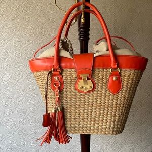 TALBOTS ORANGE & TAN BUCKLE STRAW HANDBAG WITH TASSELS!